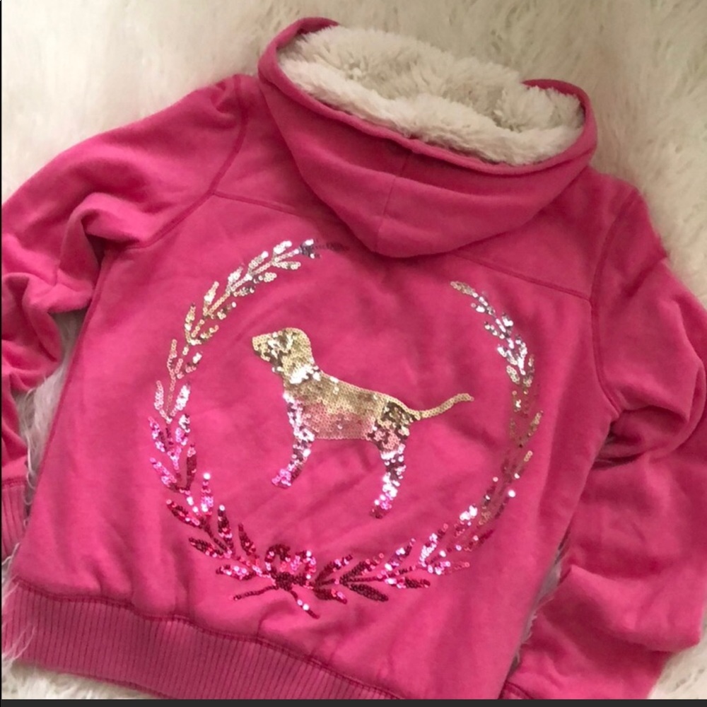 PINK by VS BLING FAUX FUR SHERPA LINED FULL ZIP HOODED JACKET SZ M PINK VINTAGE - Picture 2 of 14